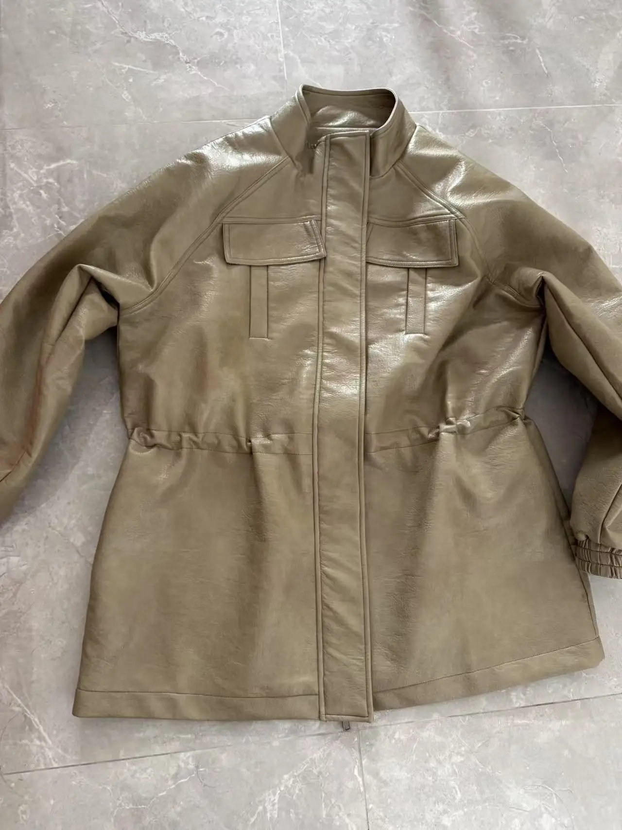 Women's Elegant Casual Zipper Office Coat 2026 New Spring Pu Leather Stand Neck Jacket Chic High End Adjustable Waist Streetwear