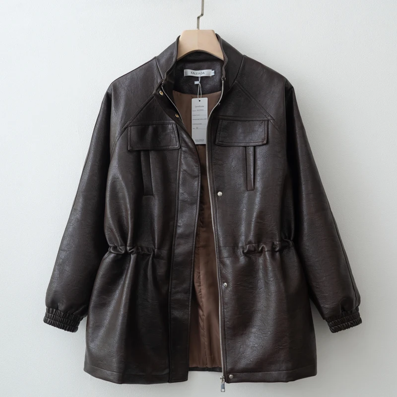 Women's Elegant Casual Zipper Office Coat 2026 New Spring Pu Leather Stand Neck Jacket Chic High End Adjustable Waist Streetwear