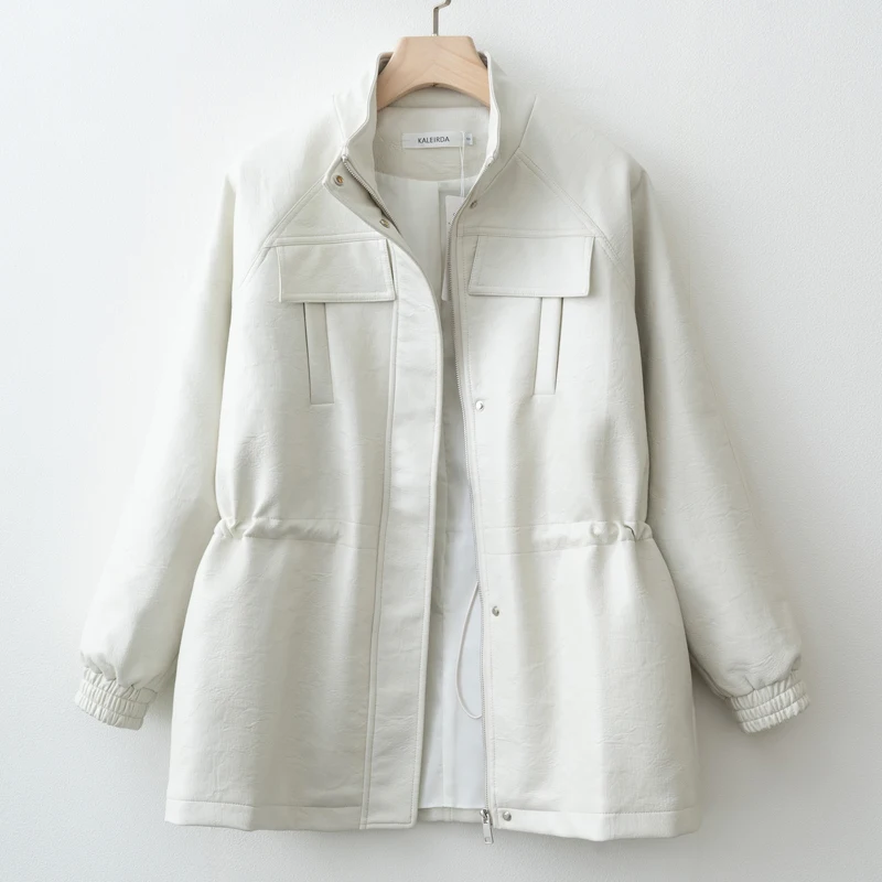 Women's Elegant Casual Zipper Office Coat 2026 New Spring Pu Leather Stand Neck Jacket Chic High End Adjustable Waist Streetwear