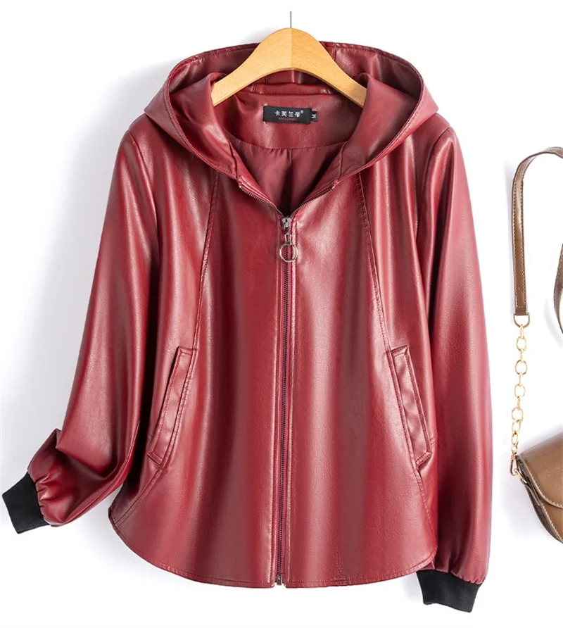 2026 Fashion Hooded Leather Jacket Women Faux Leather Coat Streetwear Lady Loose Tops Zipper-up Short Outerwear Soft Not Crack