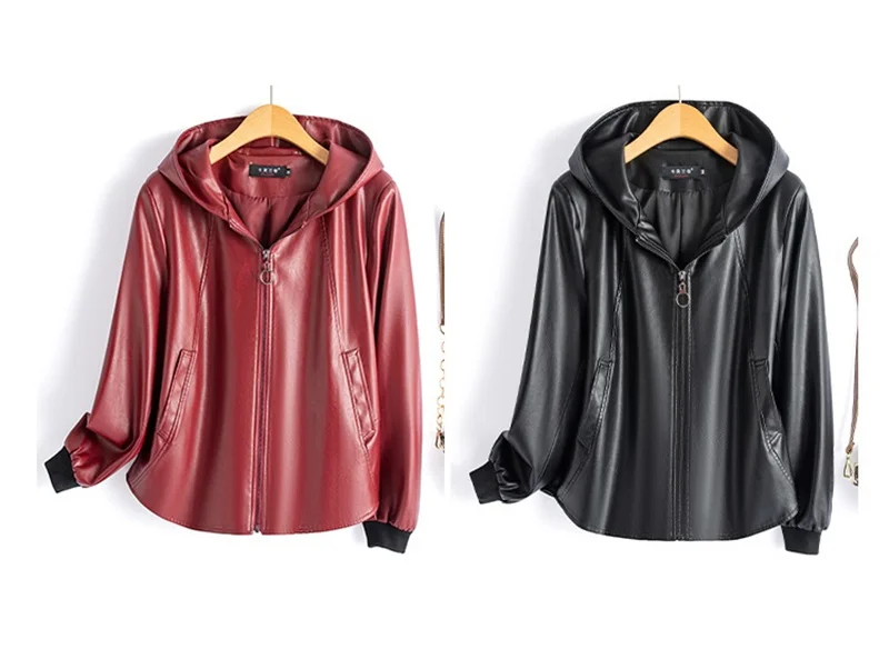 2026 Fashion Hooded Leather Jacket Women Faux Leather Coat Streetwear Lady Loose Tops Zipper-up Short Outerwear Soft Not Crack