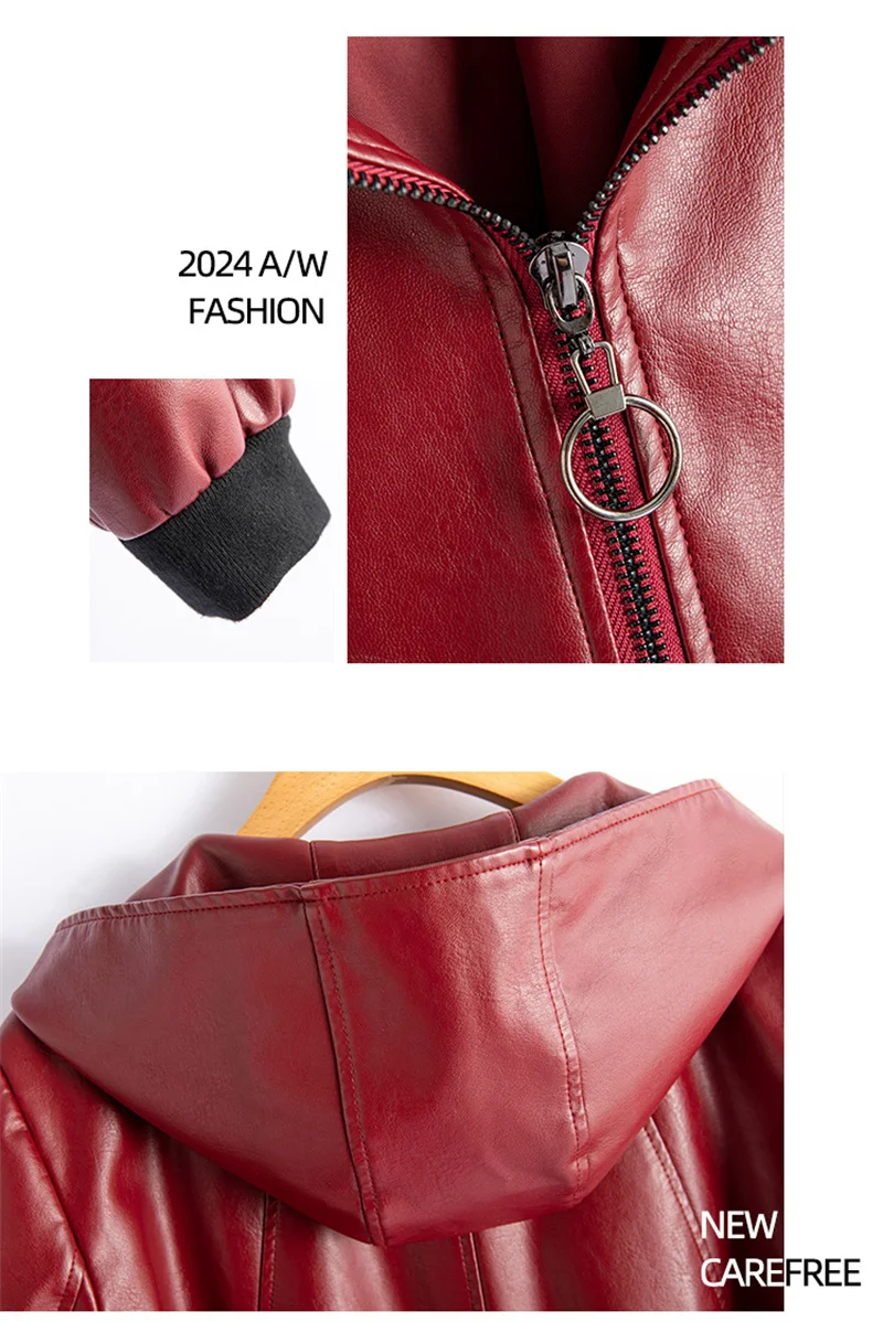 2026 Fashion Hooded Leather Jacket Women Faux Leather Coat Streetwear Lady Loose Tops Zipper-up Short Outerwear Soft Not Crack