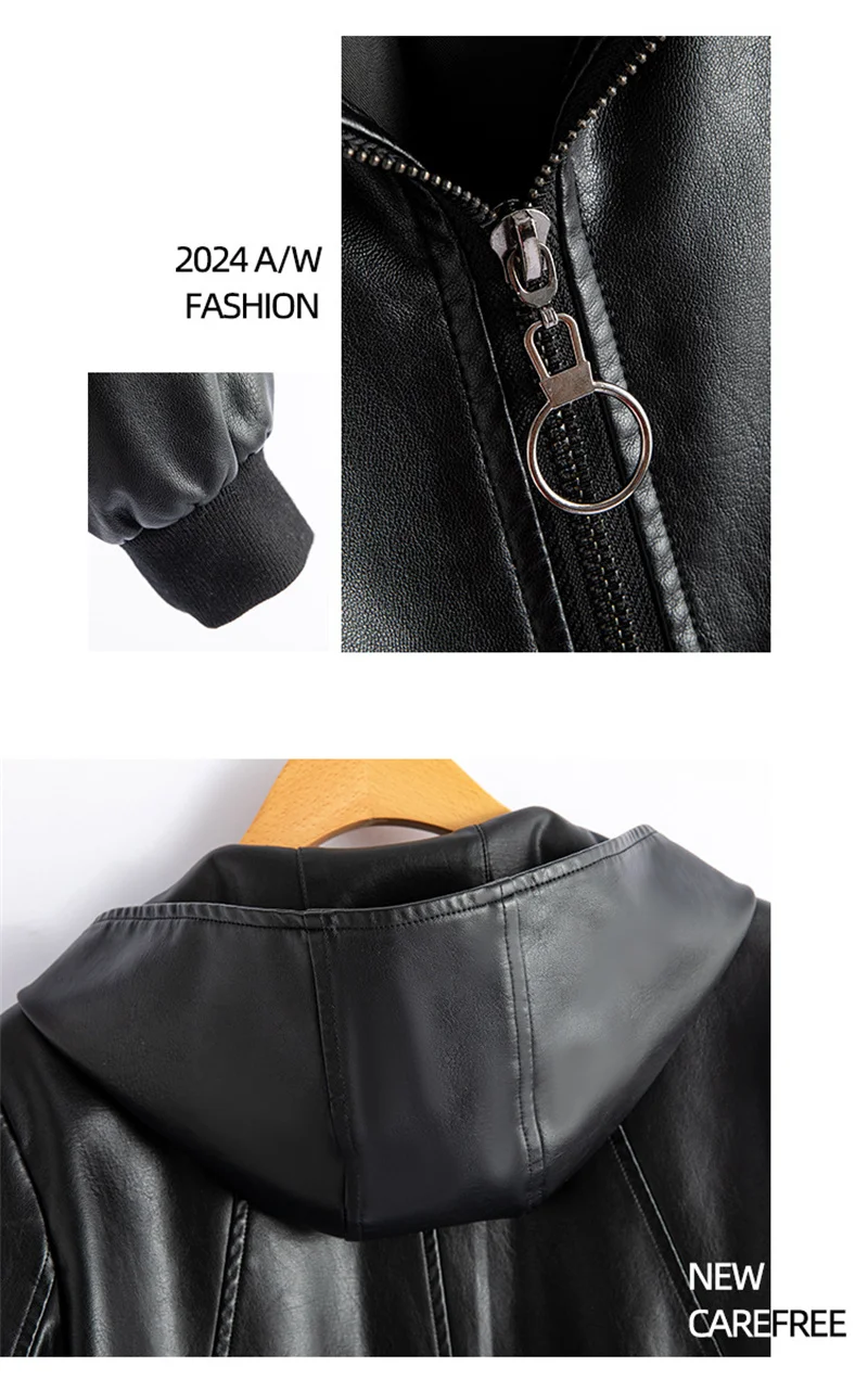 2026 Fashion Hooded Leather Jacket Women Faux Leather Coat Streetwear Lady Loose Tops Zipper-up Short Outerwear Soft Not Crack