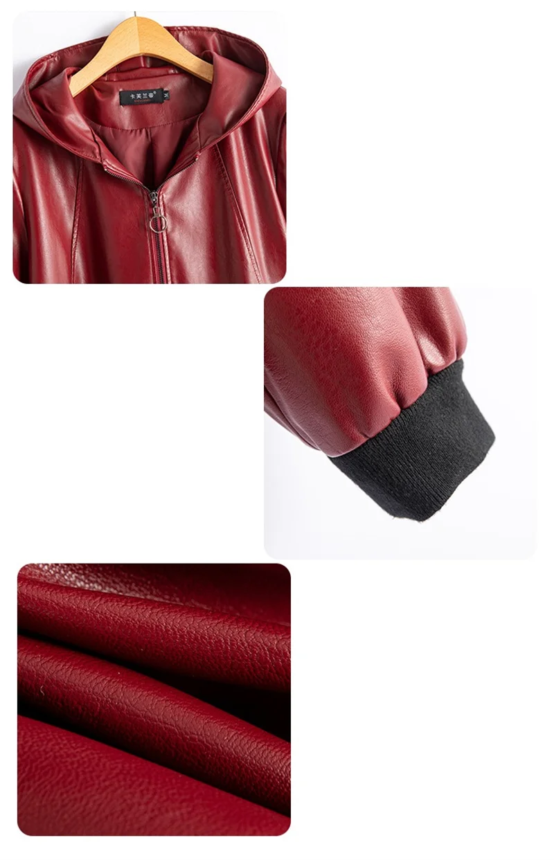 2026 Fashion Hooded Leather Jacket Women Faux Leather Coat Streetwear Lady Loose Tops Zipper-up Short Outerwear Soft Not Crack
