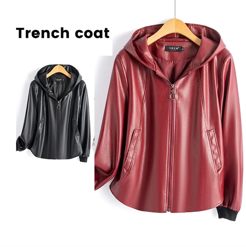 2026 Fashion Hooded Leather Jacket Women Faux Leather Coat Streetwear Lady Loose Tops Zipper-up Short Outerwear Soft Not Crack