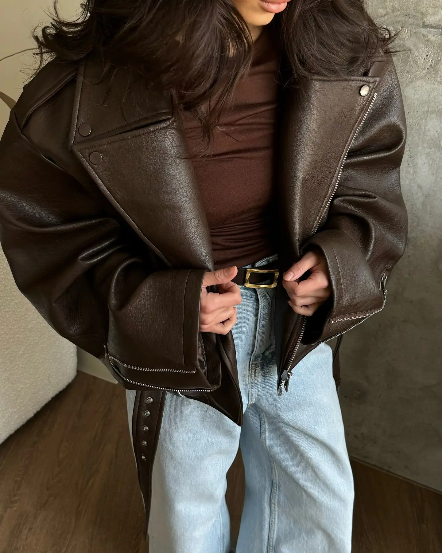 Women Spring Summer Faux Leather Jacket Belt Chic Elegant Retro Minimalist Comfortable Casual Fashionable Niche Trendy Versatile