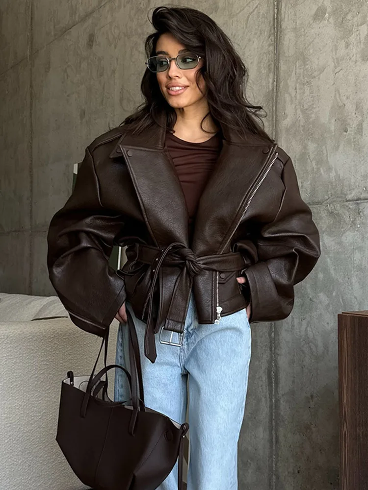 Women Spring Summer Faux Leather Jacket Belt Chic Elegant Retro Minimalist Comfortable Casual Fashionable Niche Trendy Versatile