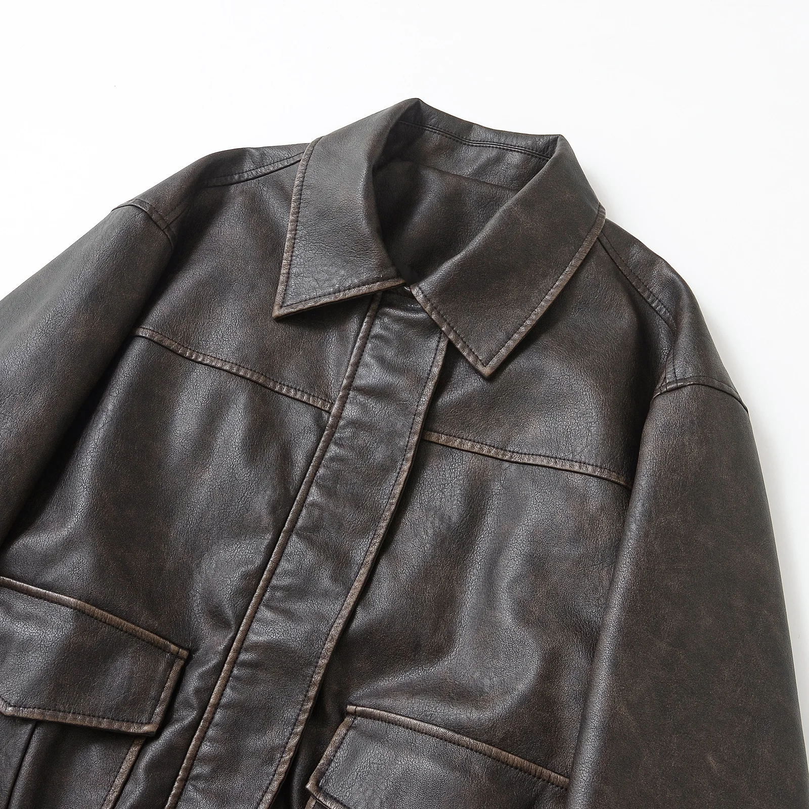 Faux Leather Women Jackets Pu Coats Turn Down Collar Coat Casual Loose Y2k Streetwear Splice Work Jacket Autumn Winter 2025