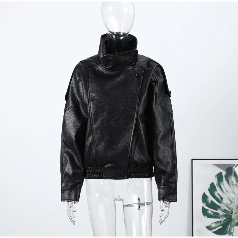 Women Faux Leather Loose Jacket Vintage Stand Collar Zipper Singe Button Long Sleeve Female Coat 2026 Spring Lady Streetwear