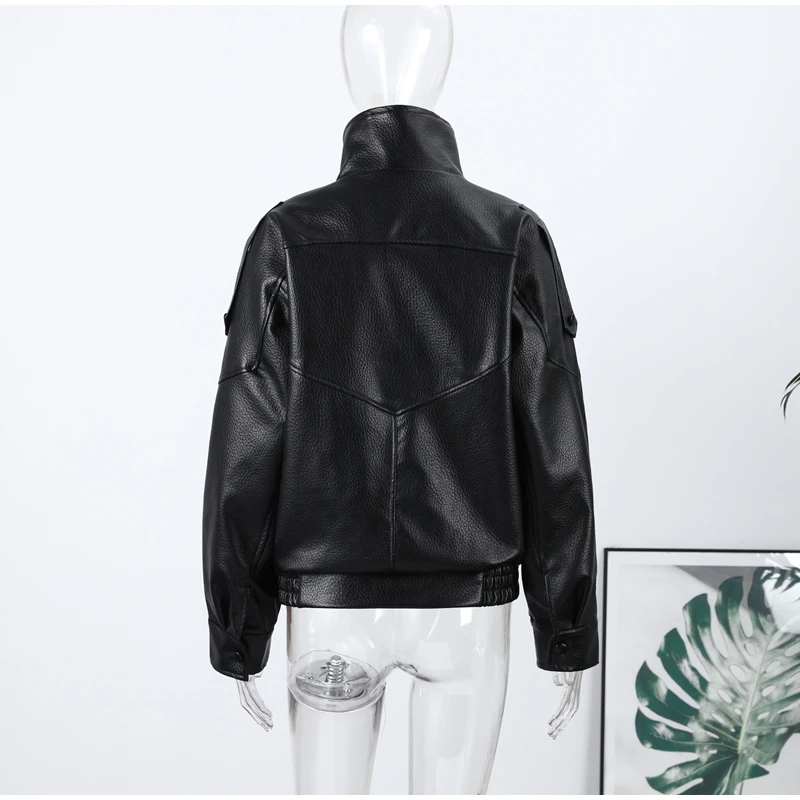 Women Faux Leather Loose Jacket Vintage Stand Collar Zipper Singe Button Long Sleeve Female Coat 2026 Spring Lady Streetwear