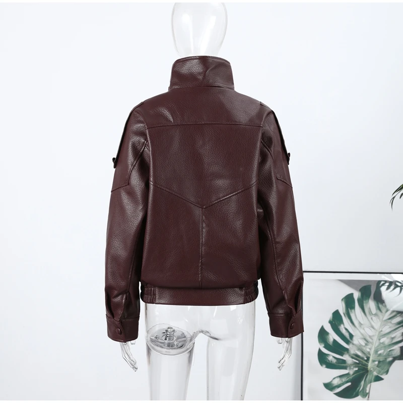 Women Faux Leather Loose Jacket Vintage Stand Collar Zipper Singe Button Long Sleeve Female Coat 2026 Spring Lady Streetwear