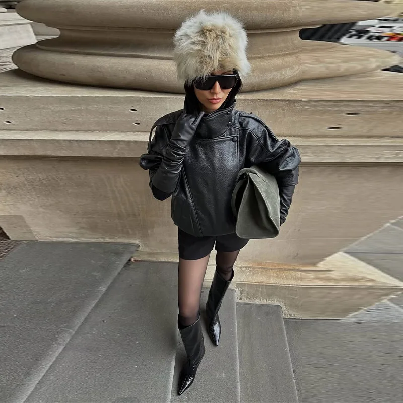 Women Faux Leather Loose Jacket Vintage Stand Collar Zipper Singe Button Long Sleeve Female Coat 2026 Spring Lady Streetwear