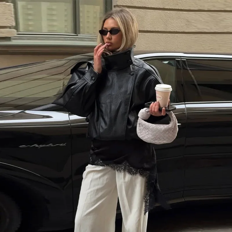 Women Faux Leather Loose Jacket Vintage Stand Collar Zipper Singe Button Long Sleeve Female Coat 2026 Spring Lady Streetwear