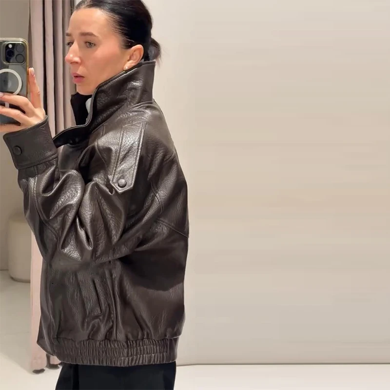 Women Faux Leather Loose Jacket Vintage Stand Collar Zipper Singe Button Long Sleeve Female Coat 2026 Spring Lady Streetwear