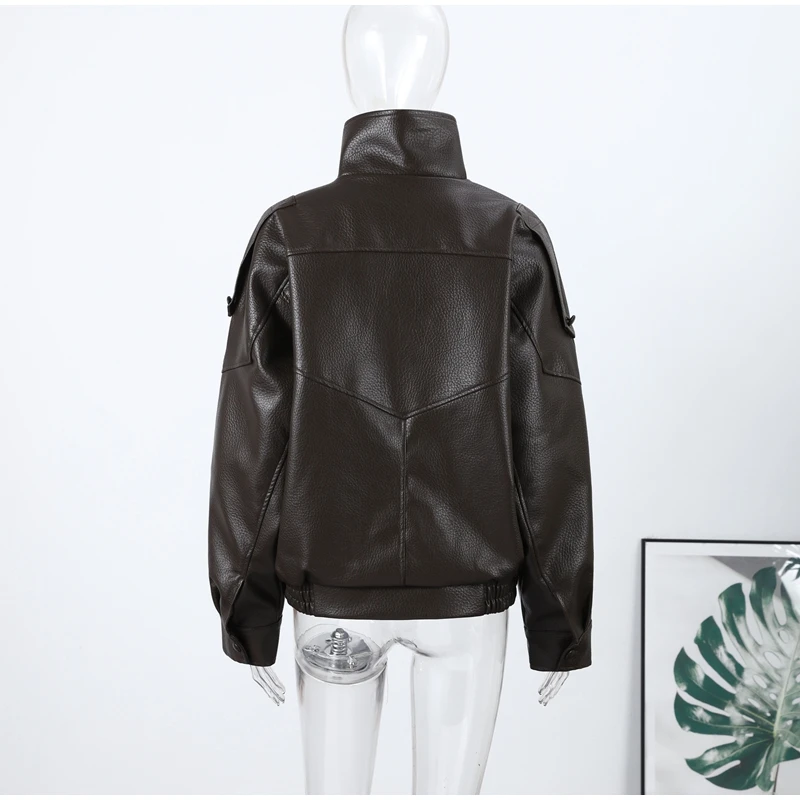 Women Faux Leather Loose Jacket Vintage Stand Collar Zipper Singe Button Long Sleeve Female Coat 2026 Spring Lady Streetwear