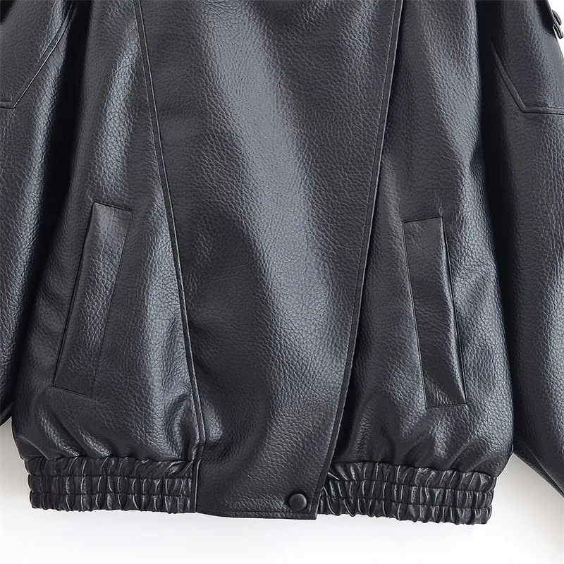 Women Faux Leather Loose Jacket Vintage Stand Collar Zipper Singe Button Long Sleeve Female Coat 2026 Spring Lady Streetwear