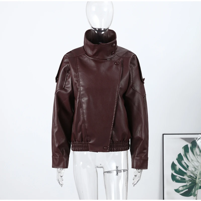 Women Faux Leather Loose Jacket Vintage Stand Collar Zipper Singe Button Long Sleeve Female Coat 2026 Spring Lady Streetwear