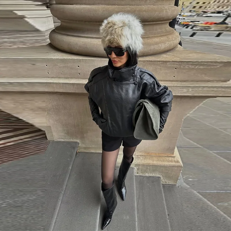 Women Faux Leather Loose Jacket Vintage Stand Collar Zipper Singe Button Long Sleeve Female Coat 2026 Spring Lady Streetwear