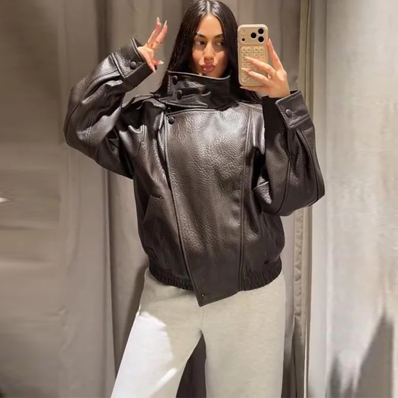 Women Faux Leather Loose Jacket Vintage Stand Collar Zipper Singe Button Long Sleeve Female Coat 2026 Spring Lady Streetwear