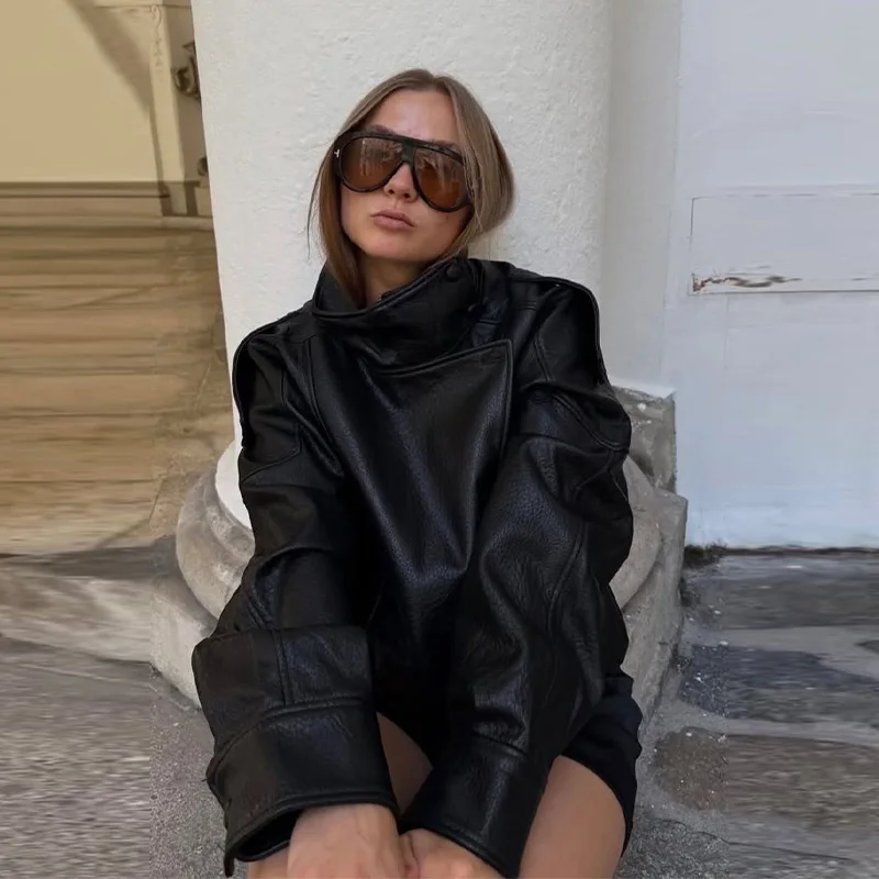 Women Faux Leather Loose Jacket Vintage Stand Collar Zipper Singe Button Long Sleeve Female Coat 2026 Spring Lady Streetwear