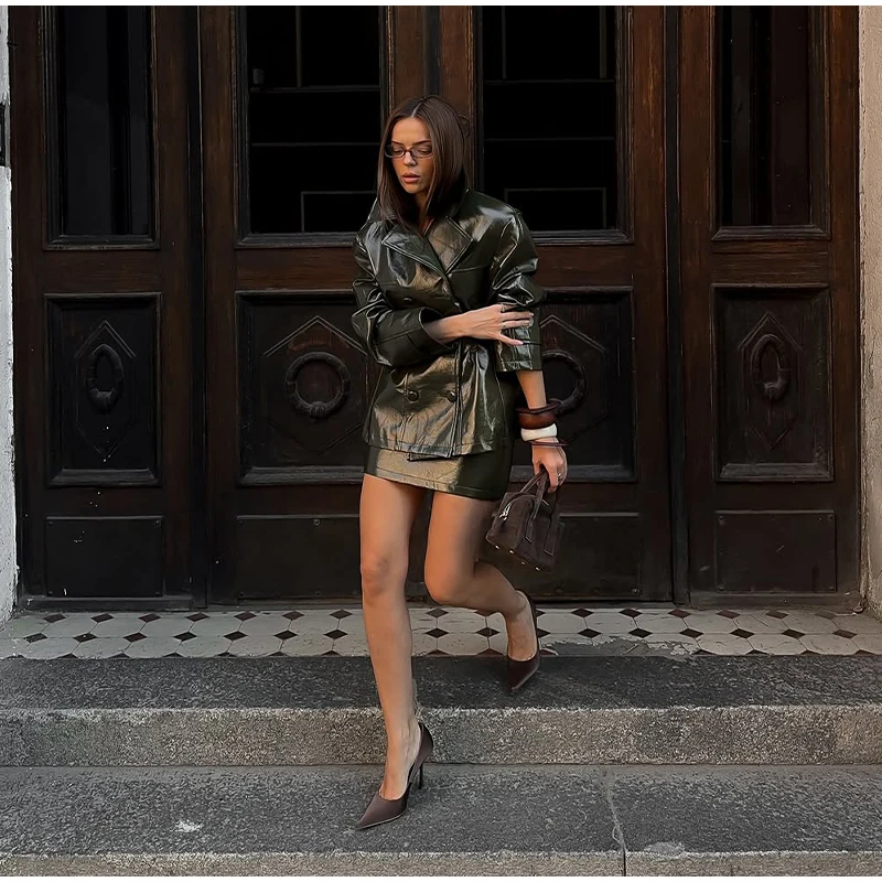 Fashion Women PU Leather Skirts Set Turn-down Collar Double Breasted Waisted Coat Mini Skirt Women High Street Solid Spring Sets