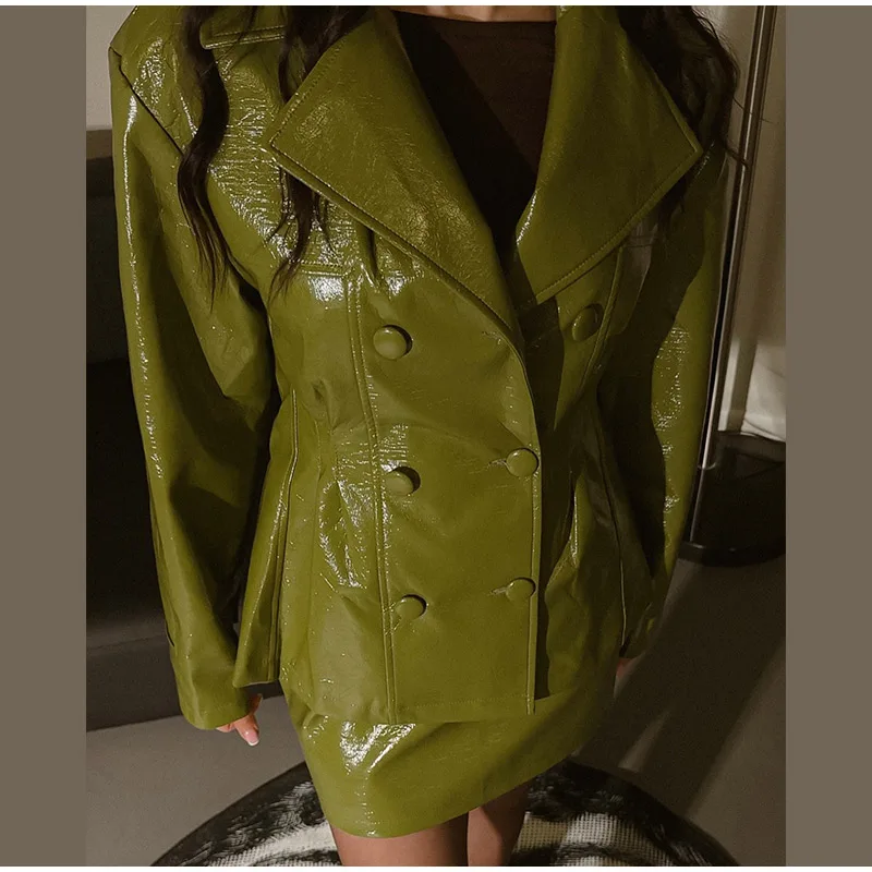Fashion Women PU Leather Skirts Set Turn-down Collar Double Breasted Waisted Coat Mini Skirt Women High Street Solid Spring Sets