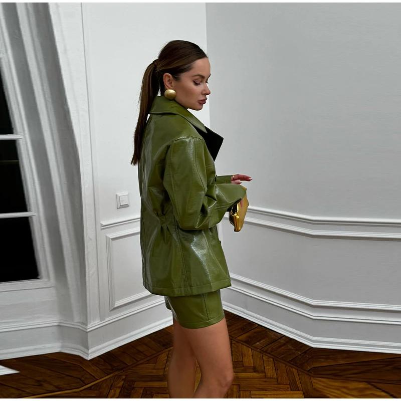 Fashion Women PU Leather Skirts Set Turn-down Collar Double Breasted Waisted Coat Mini Skirt Women High Street Solid Spring Sets