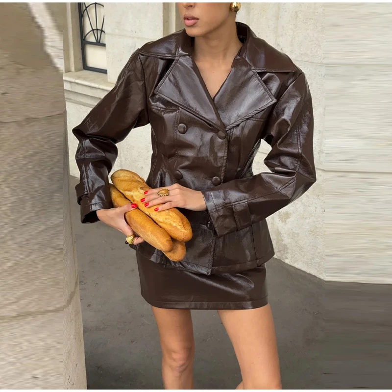 Fashion Women PU Leather Skirts Set Turn-down Collar Double Breasted Waisted Coat Mini Skirt Women High Street Solid Spring Sets
