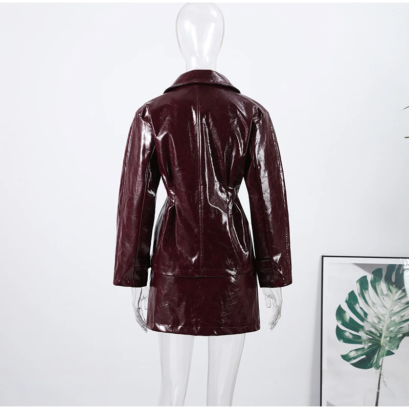 Fashion Women PU Leather Skirts Set Turn-down Collar Double Breasted Waisted Coat Mini Skirt Women High Street Solid Spring Sets