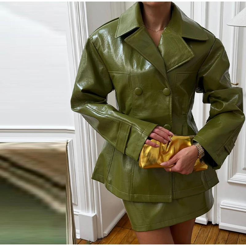 Fashion Women PU Leather Skirts Set Turn-down Collar Double Breasted Waisted Coat Mini Skirt Women High Street Solid Spring Sets