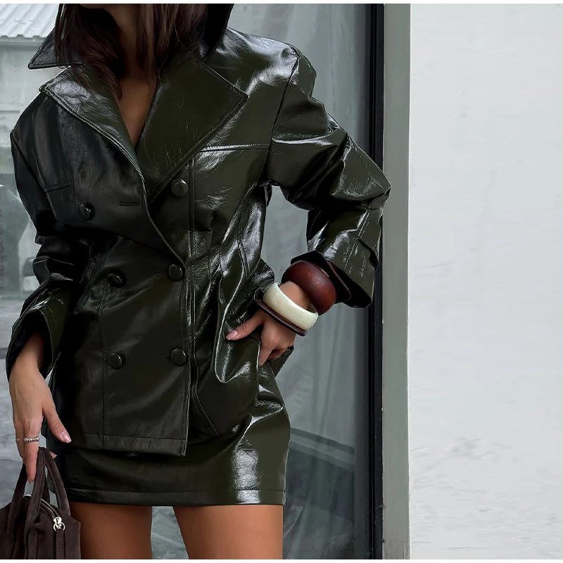 Fashion Women PU Leather Skirts Set Turn-down Collar Double Breasted Waisted Coat Mini Skirt Women High Street Solid Spring Sets