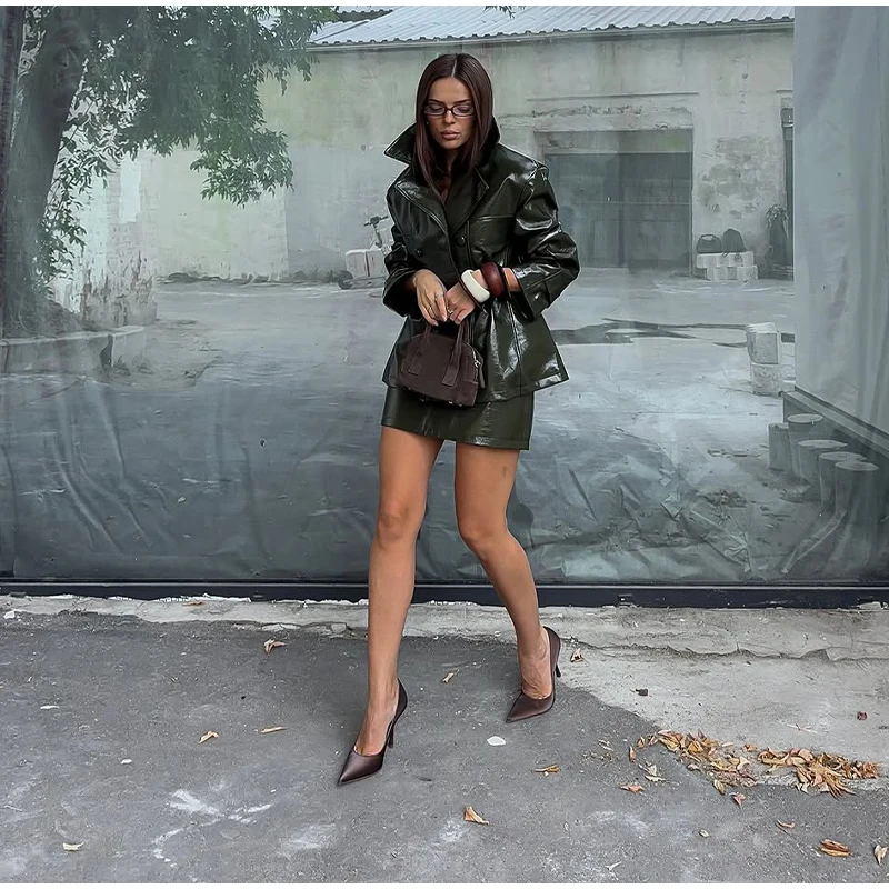 Fashion Women PU Leather Skirts Set Turn-down Collar Double Breasted Waisted Coat Mini Skirt Women High Street Solid Spring Sets