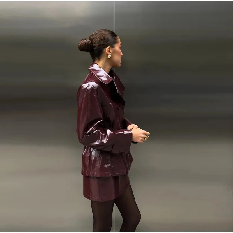 Fashion Women PU Leather Skirts Set Turn-down Collar Double Breasted Waisted Coat Mini Skirt Women High Street Solid Spring Sets