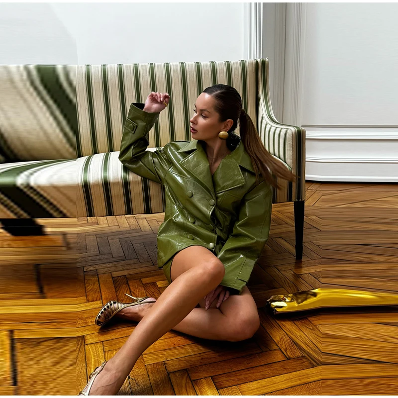 Fashion Women PU Leather Skirts Set Turn-down Collar Double Breasted Waisted Coat Mini Skirt Women High Street Solid Spring Sets
