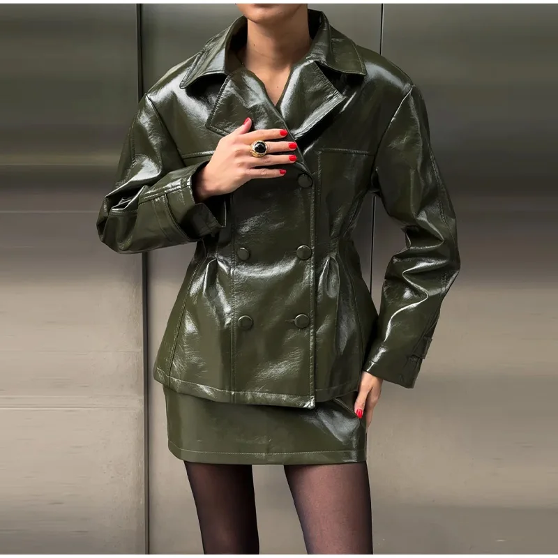 Fashion Women PU Leather Skirts Set Turn-down Collar Double Breasted Waisted Coat Mini Skirt Women High Street Solid Spring Sets