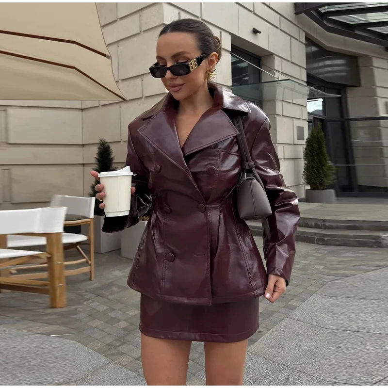 Fashion Women PU Leather Skirts Set Turn-down Collar Double Breasted Waisted Coat Mini Skirt Women High Street Solid Spring Sets