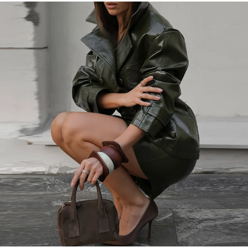 Fashion Women PU Leather Skirts Set Turn-down Collar Double Breasted Waisted Coat Mini Skirt Women High Street Solid Spring Sets