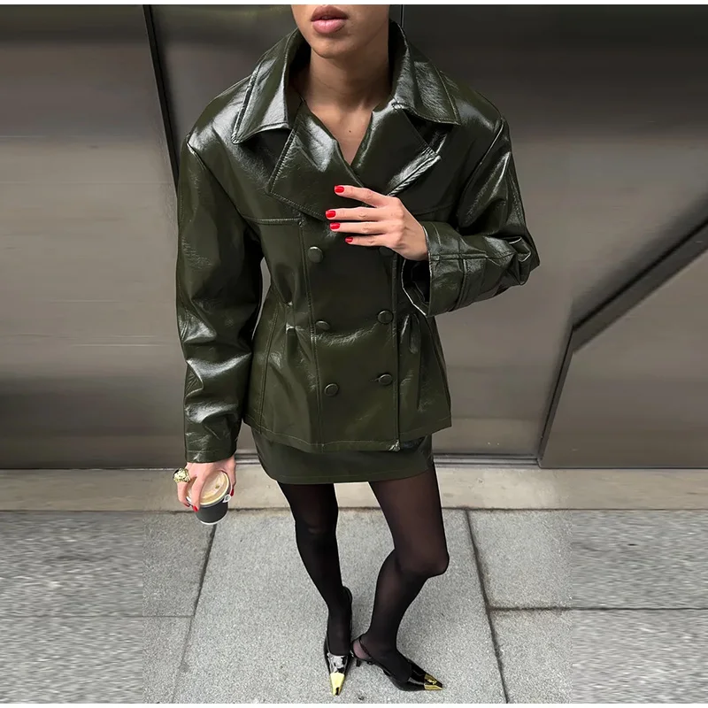 Fashion Women PU Leather Skirts Set Turn-down Collar Double Breasted Waisted Coat Mini Skirt Women High Street Solid Spring Sets