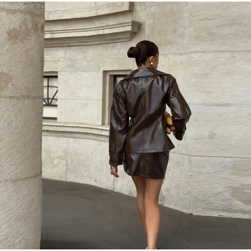 Fashion Women PU Leather Skirts Set Turn-down Collar Double Breasted Waisted Coat Mini Skirt Women High Street Solid Spring Sets