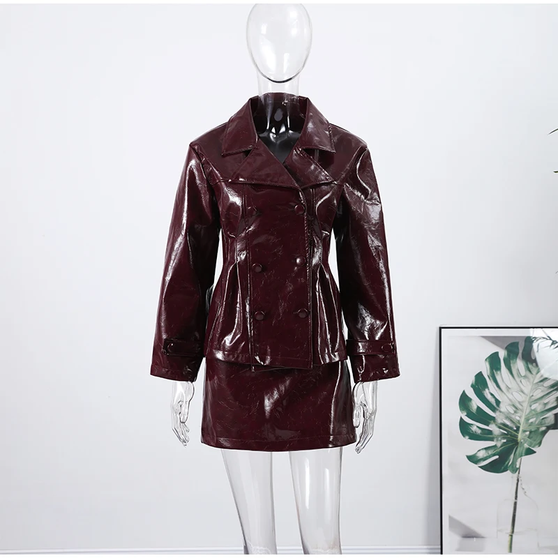 Fashion Women PU Leather Skirts Set Turn-down Collar Double Breasted Waisted Coat Mini Skirt Women High Street Solid Spring Sets