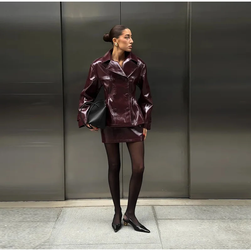 Fashion Women PU Leather Skirts Set Turn-down Collar Double Breasted Waisted Coat Mini Skirt Women High Street Solid Spring Sets