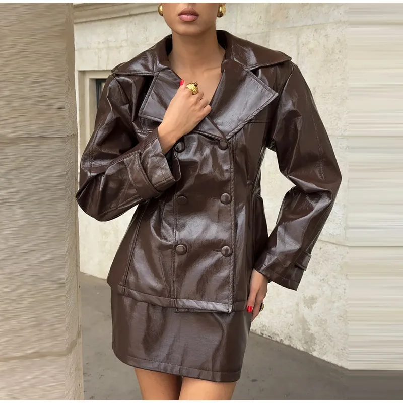 Fashion Women PU Leather Skirts Set Turn-down Collar Double Breasted Waisted Coat Mini Skirt Women High Street Solid Spring Sets