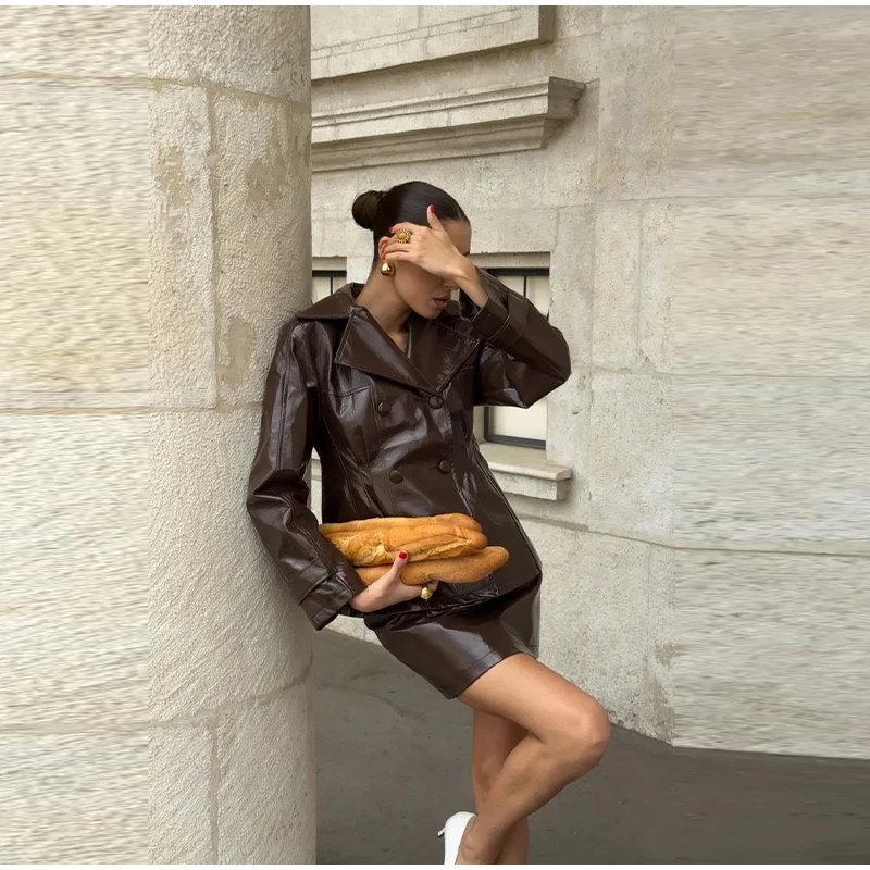 Fashion Women PU Leather Skirts Set Turn-down Collar Double Breasted Waisted Coat Mini Skirt Women High Street Solid Spring Sets