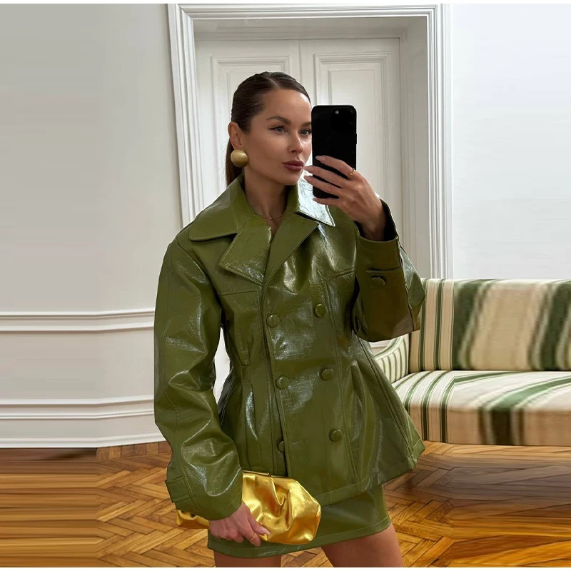 Fashion Women PU Leather Skirts Set Turn-down Collar Double Breasted Waisted Coat Mini Skirt Women High Street Solid Spring Sets