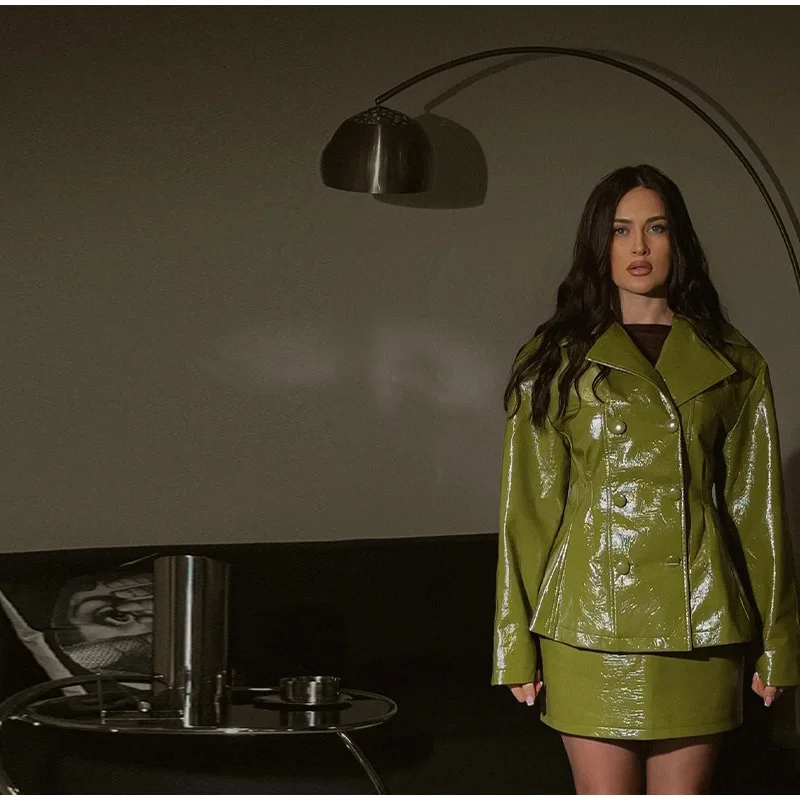 Fashion Women PU Leather Skirts Set Turn-down Collar Double Breasted Waisted Coat Mini Skirt Women High Street Solid Spring Sets