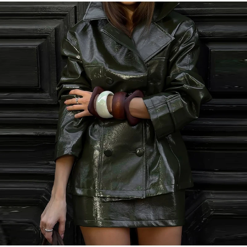 Fashion Women PU Leather Skirts Set Turn-down Collar Double Breasted Waisted Coat Mini Skirt Women High Street Solid Spring Sets