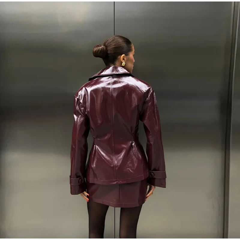 Fashion Women PU Leather Skirts Set Turn-down Collar Double Breasted Waisted Coat Mini Skirt Women High Street Solid Spring Sets