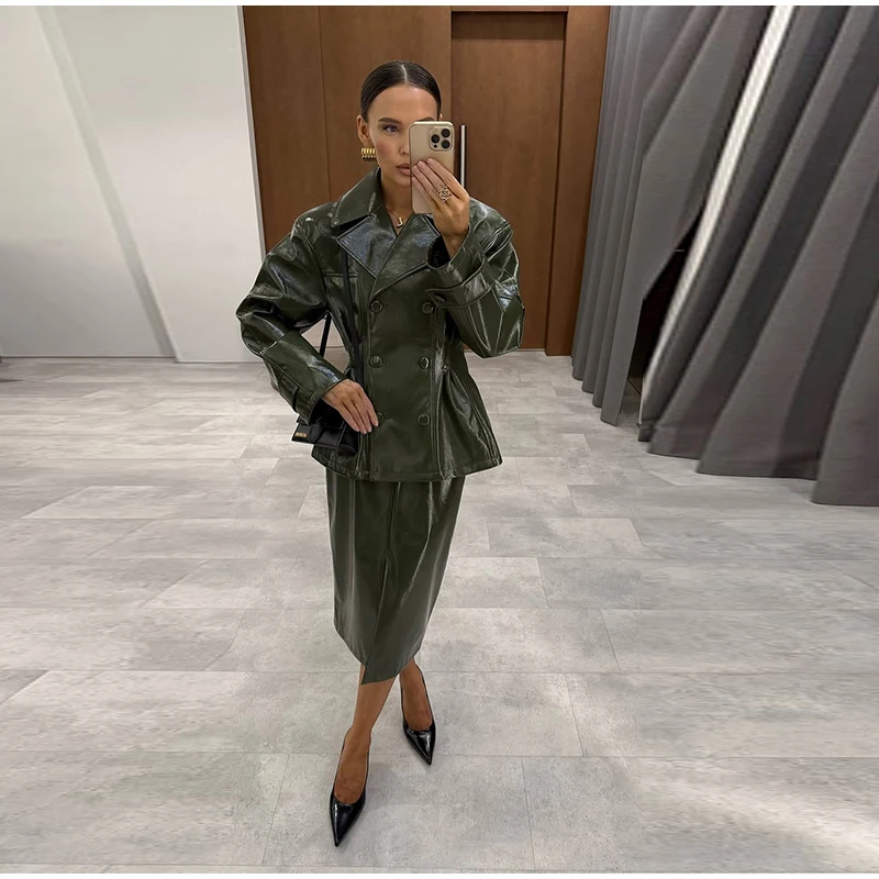 Fashion Women PU Leather Skirts Set Turn-down Collar Double Breasted Waisted Coat Mini Skirt Women High Street Solid Spring Sets