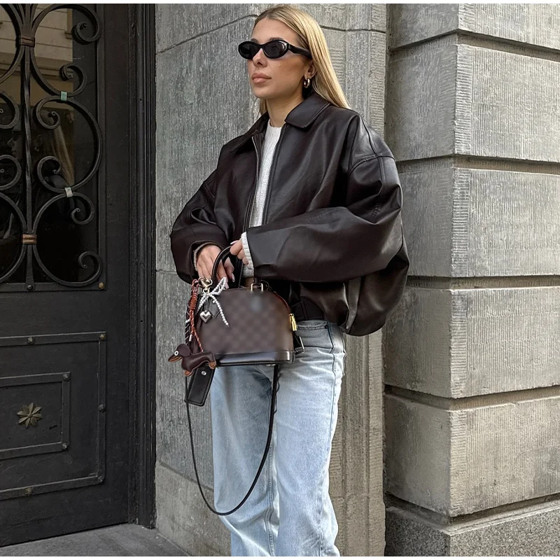 Street Metal Buckle Short Leather Jackets Women Solid Lapel Zipper Long Sleeve Warm Coats 2025 Autumn Lady Chic Thick Outwears