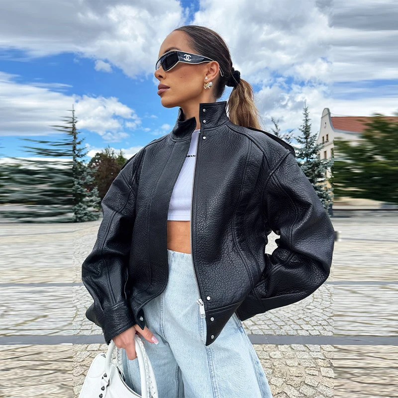 Street Metal Buckle Short Leather Jackets Women Solid Lapel Zipper Long Sleeve Warm Coats 2025 Autumn Lady Chic Thick Outwears